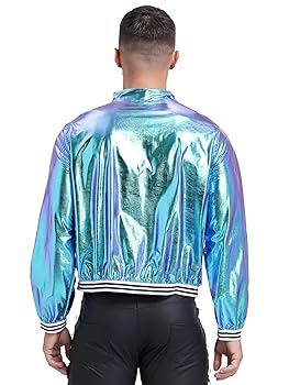 QinCiao Men's Shiny Holographic Zip Up Bomber Jacket